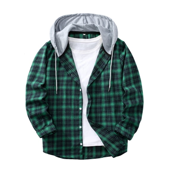 Mens Flannel Plaid Shirts Casual Button Down Jackets Long Sleeve Color Blocked Stylish Hooded Shirts with Pocket Dark Green S