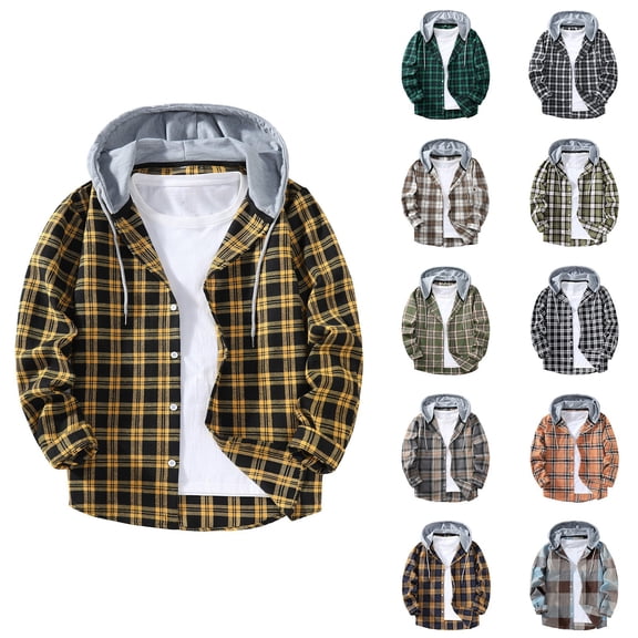 Mens Flannel Plaid Shirts Casual Button Down Jackets Long Sleeve Color Blocked Stylish Hooded Shirts with Pocket Orange L