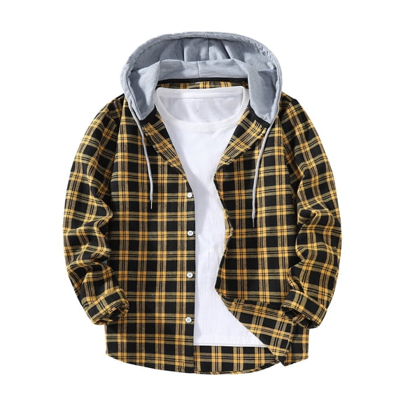 Mens Flannel Plaid Shirts Casual Button Down Jackets Long Sleeve Color Blocked Stylish Hooded Shirts with Pocket Yellow L