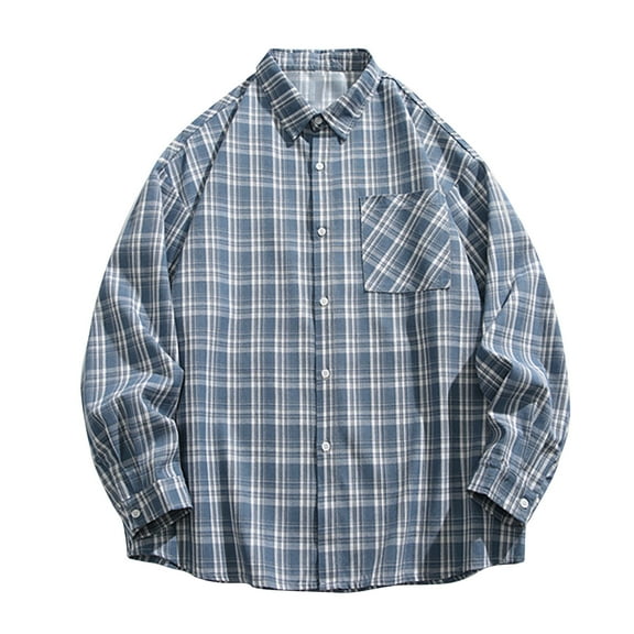 Mens Flannel Plaid Shirts Plus Size Long Sleeve Lightweight Button Down Casual Blouse Jackets Spring Shirt Blue 2XL