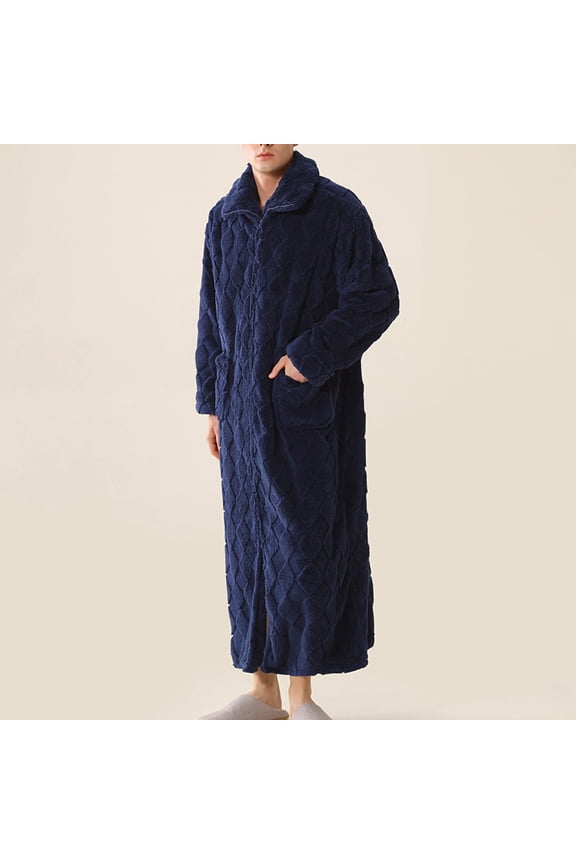 Mens Flannel Robes with Pockets Zip Up Long Sleeve Fleece Bathrobes Casual Solid Color Thermal Warm Long-Length Loungewear Pajamas Bath Robe