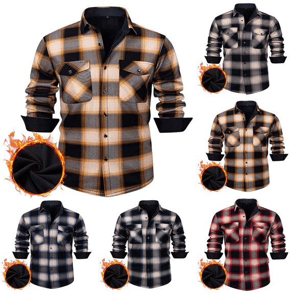 Mens Flannel Shirt Jacket Fleece Lined Heavyweight Plaid Button Down Long Sleeve Shirt with Pockets for Fall Winter Mens Casual Shirts