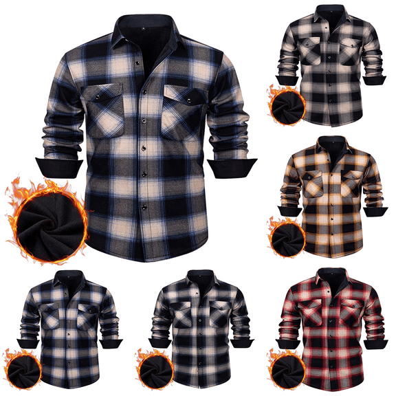 Mens Flannel Shirt Jacket Fleece Lined Heavyweight Plaid Button Down Long Sleeve Shirt with Pockets for Fall Winter Mens Casual Shirts
