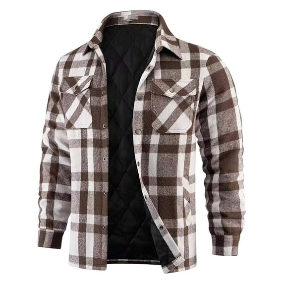 Mens Flannel Shirt Jacket Quilted Lined Plaid Jackets Long Sleeve Button Down Thick Jacket Warm Winter Coat Outwear