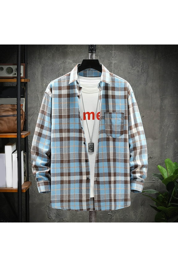 Mens Flannel Shirt Long Sleeve Fashion Casual Collar Regular Fit Plaid Shirt Lightweight Versatile Fall Button Classic Basic Tops With Pocket Light Blue XXL