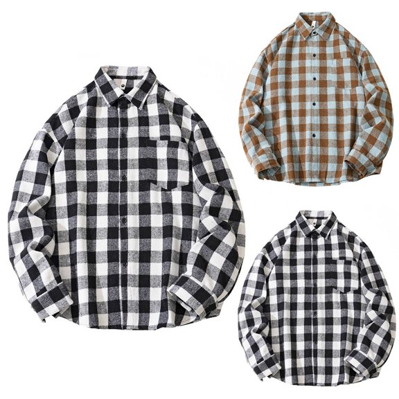 Mens Flannel Shirt Plus Size Long Sleeve Button Down Plaid Tops Loose Casual Comfortable Everyday Wear Coffee XXL
