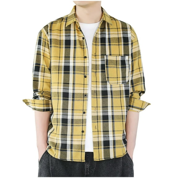 Mens Flannel Shirts Classic Yellow Plaid Shirts Cotton Long Sleeve Casual Regular Fit Button Down Blouse Yellow XL