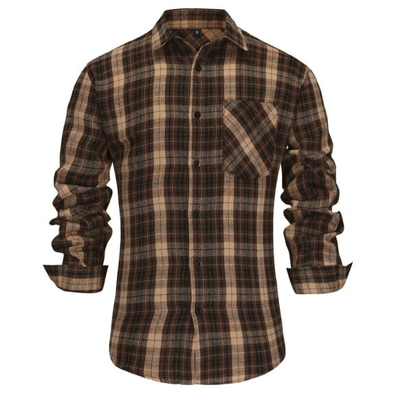 Mens Flannel Shirts Cotton Long Sleeve Casual Regular Fit Button Down Plaid Shirts Coffee L