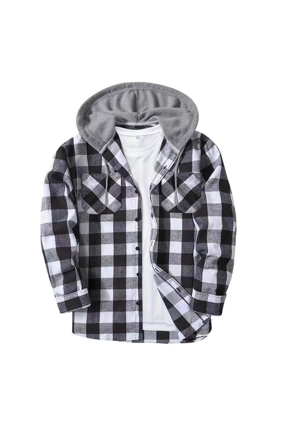 Mens Flannel Shirts Hoodie Long Sleeve Casual Plaid Button Down Shirt Lightweight Jackets Young Adult Fashion