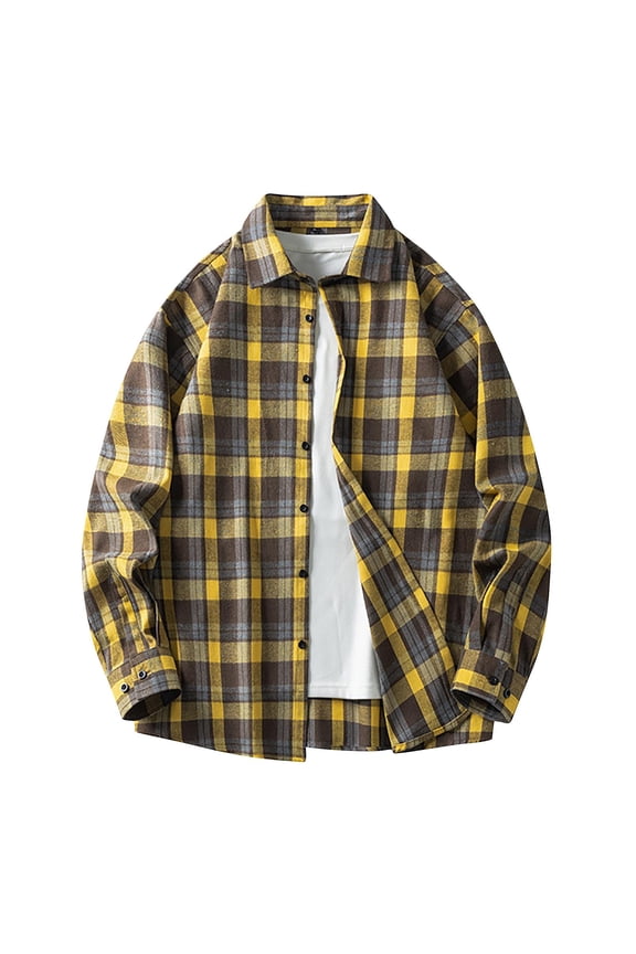 Mens Flannel Shirts Lightweight Quick Dry Blouse Long Sleeve Plaid Flannel Button Down Shirt Yellow 3XL