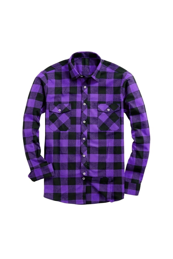 Mens Flannel Shirts Long Sleeve Casual Fall Winter Collar Loose Fit Button Down Plaid Purple Shirts with Double Pocket S