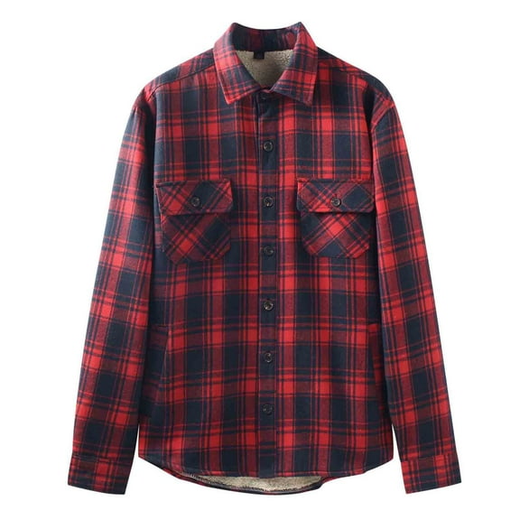 Mens Flannel Shirts Long Sleeve Sherpa Lined Thermal Jacket Thicke Warm Casual Loose Button Down Plaid Shirt (M, Red)