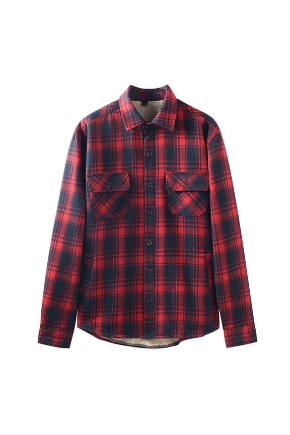 Mens Flannel Shirts Long Sleeve Sherpa Lined Thermal Jacket Thicke Warm Casual Loose Button Down Plaid Shirt (XXL, Red)