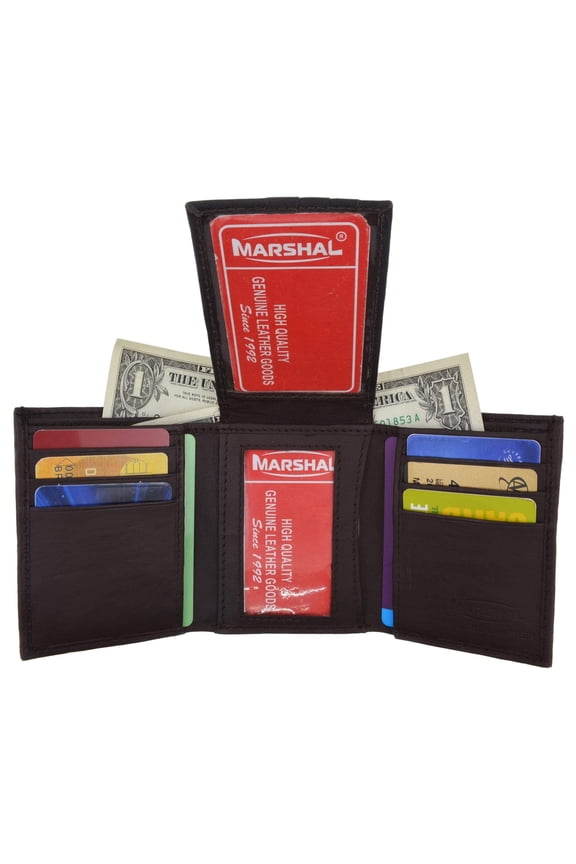 Mens Flap Up ID Trifold Genuine Leather Wallet 1755