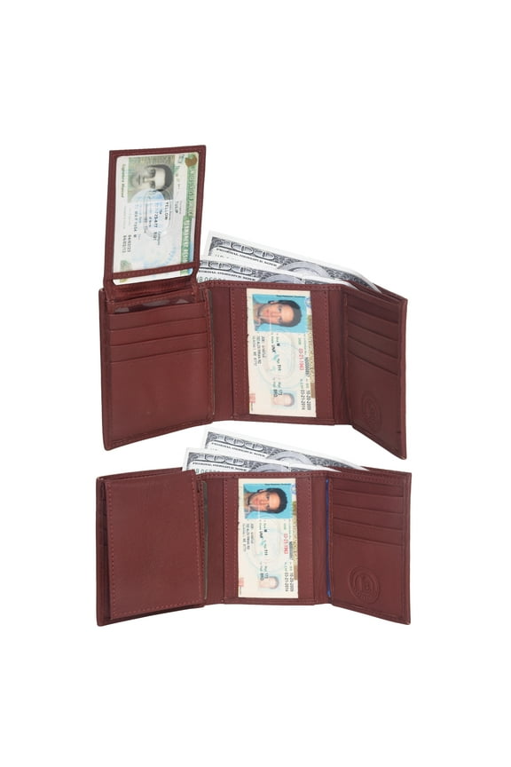 Mens Flap Up ID Trifold Genuine Leather Wallet, Brown