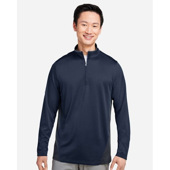 Harriton M786 Men's Flash Snag Protection Plus IL Colorblock Quarter-Zip Pullover-Dark Navy/ Dark Charcoal-S