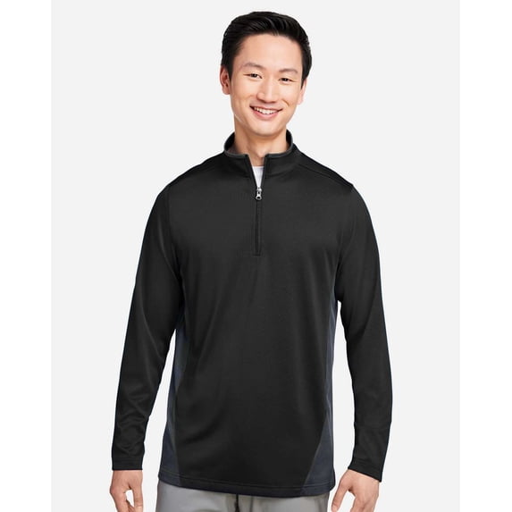 Harriton M786 Men's Flash Snag Protection Plus IL Colorblock Quarter-Zip Pullover-Black/ Dark Charcoal-XL