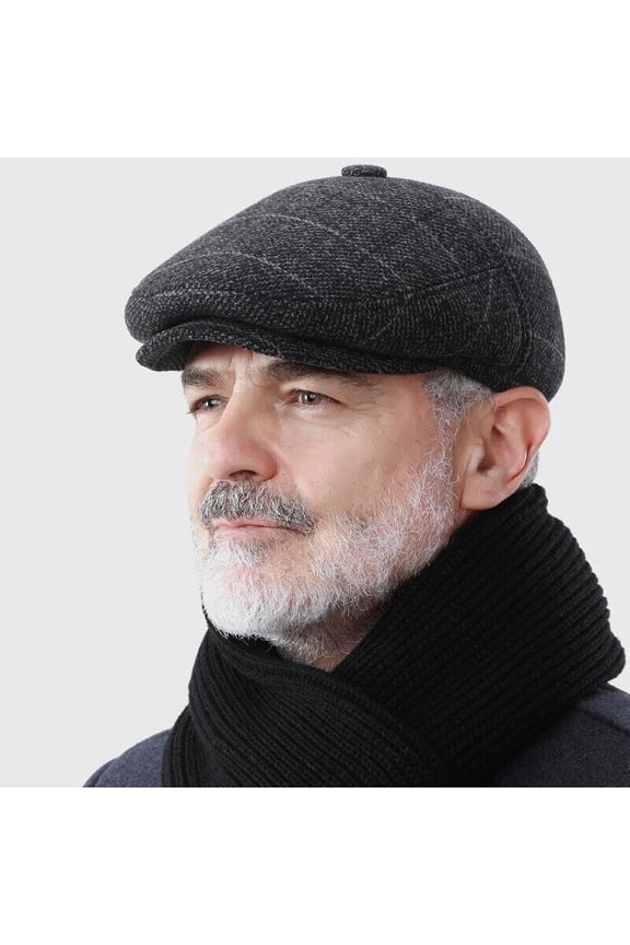 Mens Flat Cap Gatsby Tweed Black Peak Hat Herringbone Newsboy Beret Cap