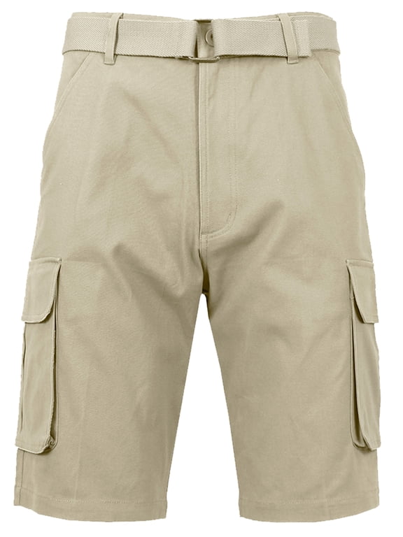 Mens Flat Front Slim Fit Belted Cotton Cargo Shorts