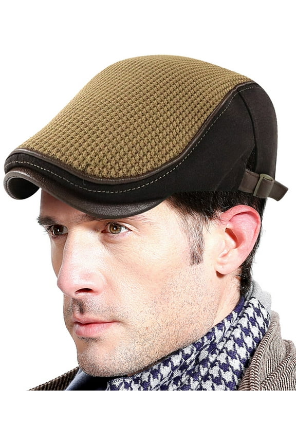 Mens Flat Newsboy Cap Adjustable Beret Hat Stitching Knitted Peaked Cap Gift for Father Casual Driving Hat