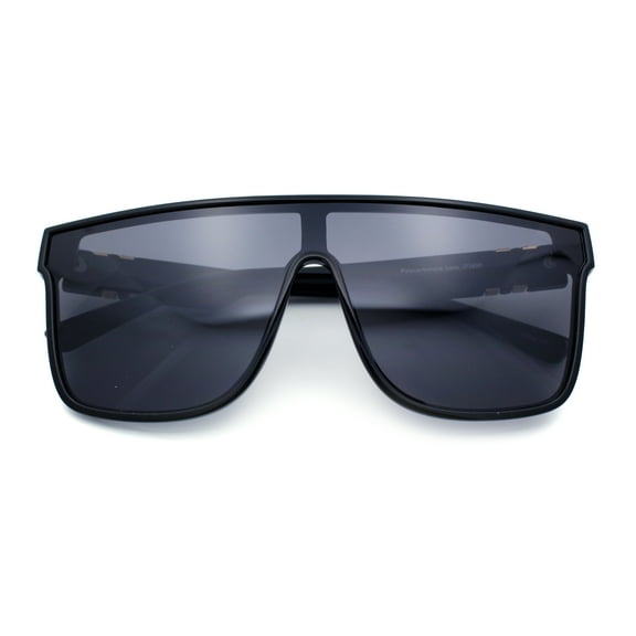 Mens Flat Top Shield Rectangle Oversized Hipster Horn Rim Plastic Sunglasses All Black