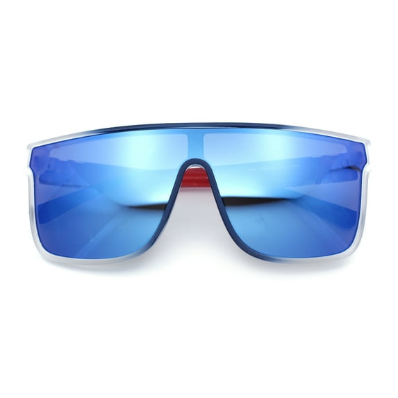 Mens Flat Top Shield Rectangle Oversized Hipster Horn Rim Plastic Sunglasses Clear Navy Flag - Blue Mirror