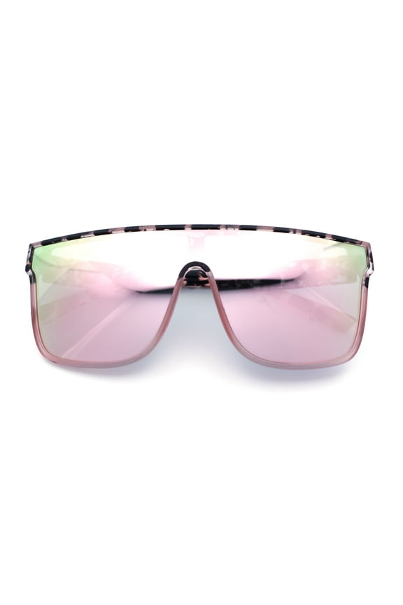 Mens Flat Top Shield Rectangle Oversized Hipster Horn Rim Plastic Sunglasses Pink Tortoise - Pink Mirror