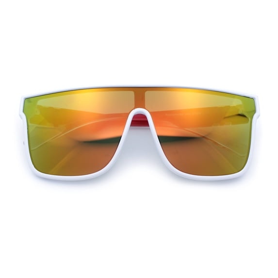 Mens Flat Top Shield Rectangle Oversized Hipster Horn Rim Plastic Sunglasses White Red - Orange Mirror