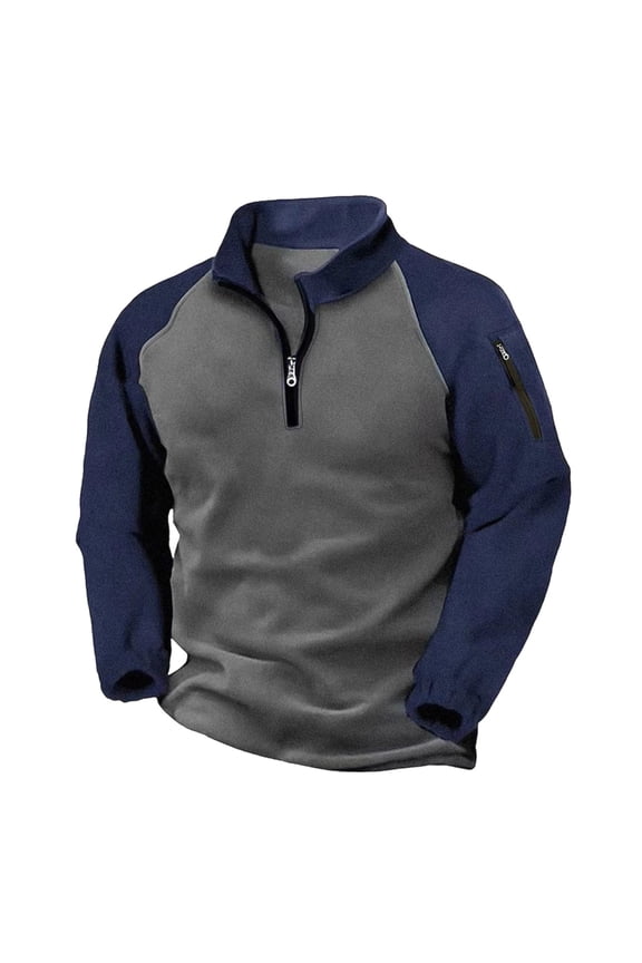 Mens Fleece 1/4 Zip Sweatshirt Color Block Raglan Sleeve Stand Collar Pullover Warm Casual Midlayer with Arm Zip Pocket for Work Daily Wear,L,Dark Gray