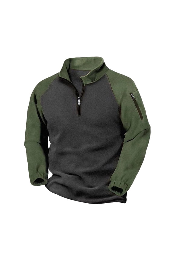 Mens Fleece 1/4 Zip Sweatshirt Color Block Raglan Sleeve Stand Collar Pullover Warm Casual Midlayer with Arm Zip Pocket for Work Daily Wear,S,Army Green