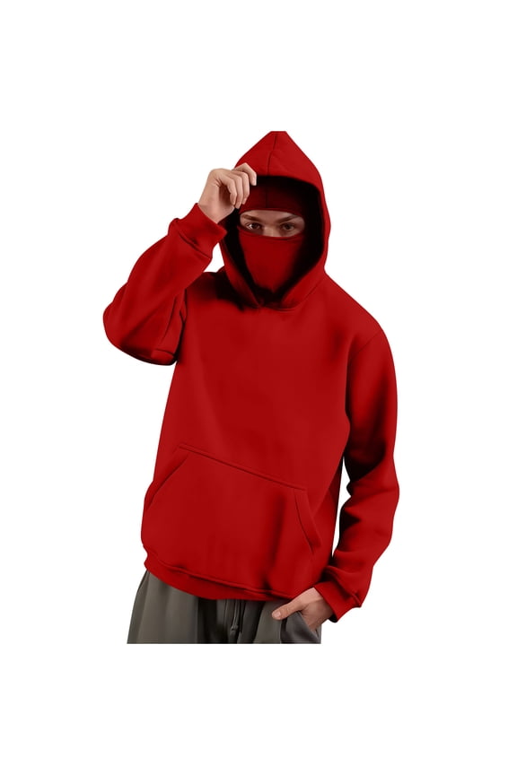 Mens Fleece Balaclava Hoodie Fashion Face Mask Long Sleeve Hooded Sweatshirt Loose Lightweight Fall Winter Pullover Solid Color Hoodie with Pocket