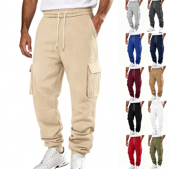 Mens Fleece Cargo Sweatpants Drawstring Elastic Waist Taper Leg Baggy Joggers Multi-Pocket Athletic Casual Pants