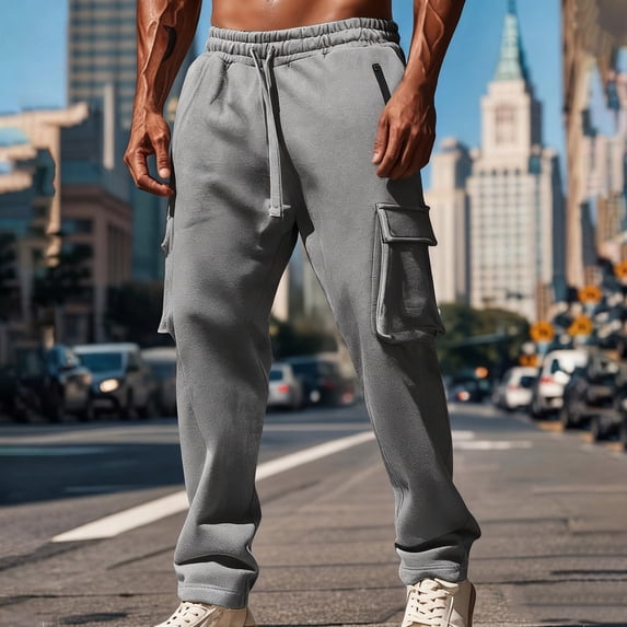 Mens Fleece Cargo Sweatpants, Elastic Waist Athletic Pants with Pockets, Baggy Drawstring Joggers Trousers Gray XL
