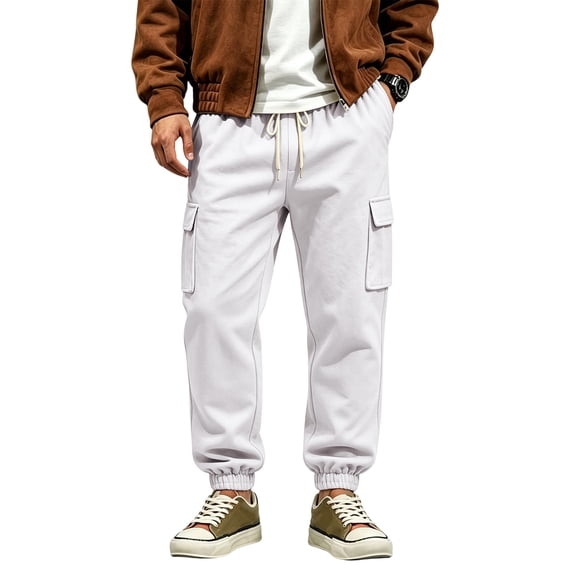 Mens Fleece Cargo Sweatpants Elastic Waist Cuff Baggy Joggers Drawstring Active Athletic Casual Pants with Pockets