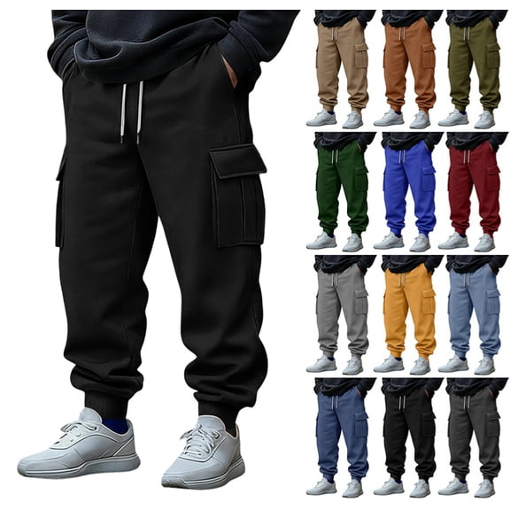 Mens Fleece Cargo Sweatpants Heavyweight Elastic Waist Pants with Pockets Baggy Drawstring Jogger Pants,Black L