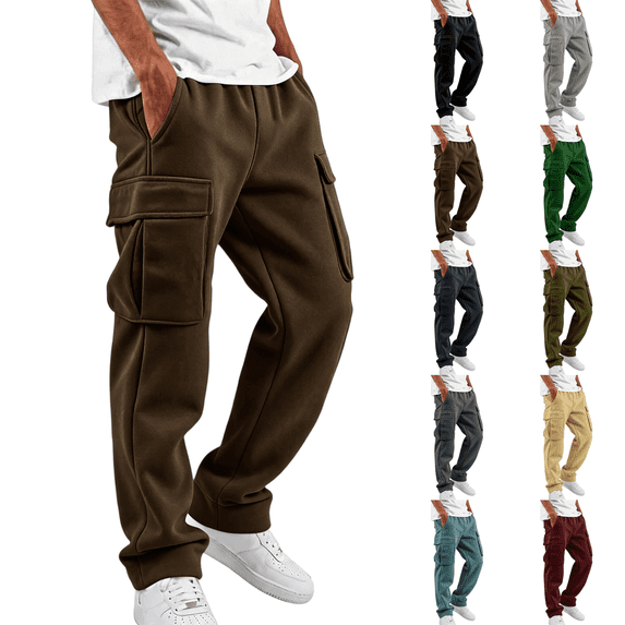 Mens Fleece Cargo Sweatpants Heavyweight Elastic Waist Pants with Pockets Baggy Drawstring Jogger Pants Brown XL