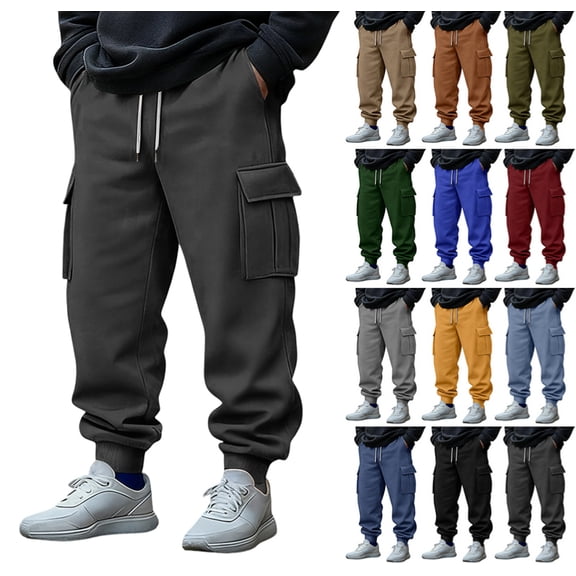 Mens Fleece Cargo Sweatpants Heavyweight Elastic Waist Pants with Pockets Baggy Drawstring Jogger Pants,Dark Gray L