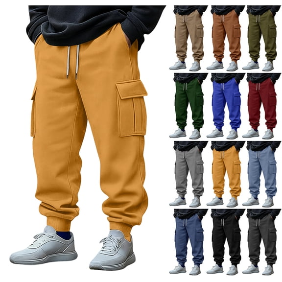 Mens Fleece Cargo Sweatpants Heavyweight Elastic Waist Pants with Pockets Baggy Drawstring Jogger Pants,Earthy Yellow M