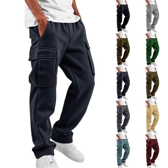 Mens Fleece Cargo Sweatpants Heavyweight Elastic Waist Pants with Pockets Baggy Drawstring Jogger Pants Navy M