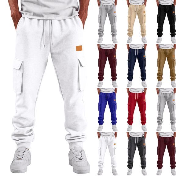 Mens Fleece Cargo Sweatpants Heavyweight Elastic Waist Pants with Pockets Baggy Drawstring Jogger Pants White S
