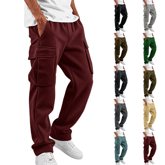 Mens Fleece Cargo Sweatpants Heavyweight Elastic Waist Pants with Pockets Baggy Drawstring Jogger Pants Wine 2XL