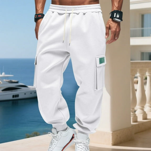 Mens Fleece Cargo Sweatpants Workout Joggers Stretch Sweatpants Casual Loose Joggers with Pockets