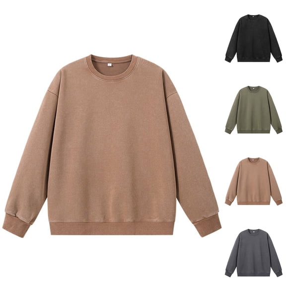 Mens Fleece Crew Neck Sweatshirt, Men Pullover Tops, Fall Sweatshirt No Hood, Male Causal Loose Solid Color Long Sleeve Winter Shirts