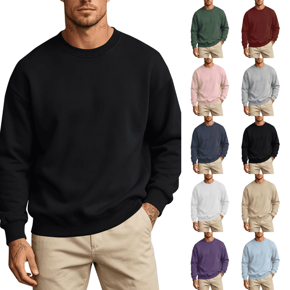Mens Fleece Crewneck Sweatshirt Cotton Pullover Sweater Athletic Workout Casual Oversized Warm Shirts Black L