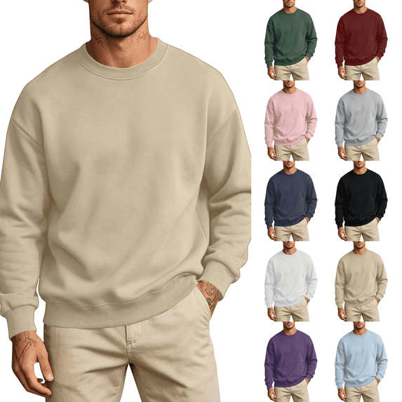 Mens Fleece Crewneck Sweatshirt Cotton Pullover Sweater Athletic Workout Casual Oversized Warm Shirts Khaki 2XL