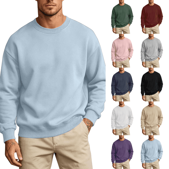 Mens Fleece Crewneck Sweatshirt Cotton Pullover Sweater Athletic Workout Casual Oversized Warm Shirts Light Blue 3XL