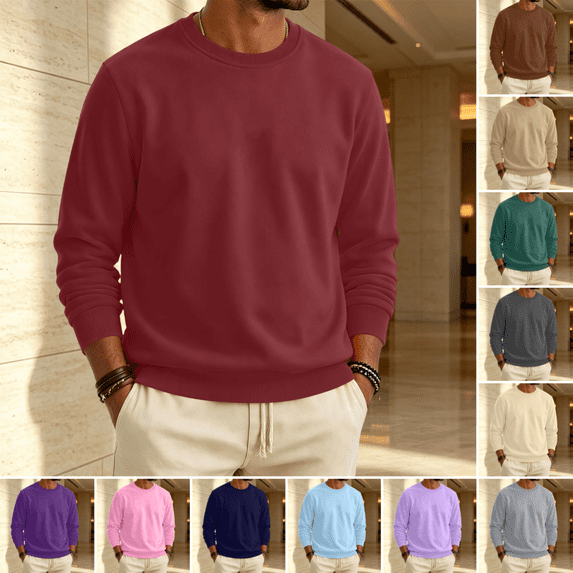Mens Fleece Crewneck Sweatshirt Fashion Soft Long Sleeves Solid Color Pullover Fall Winter Thermal Comfy Casual Sweatshirt Wine M