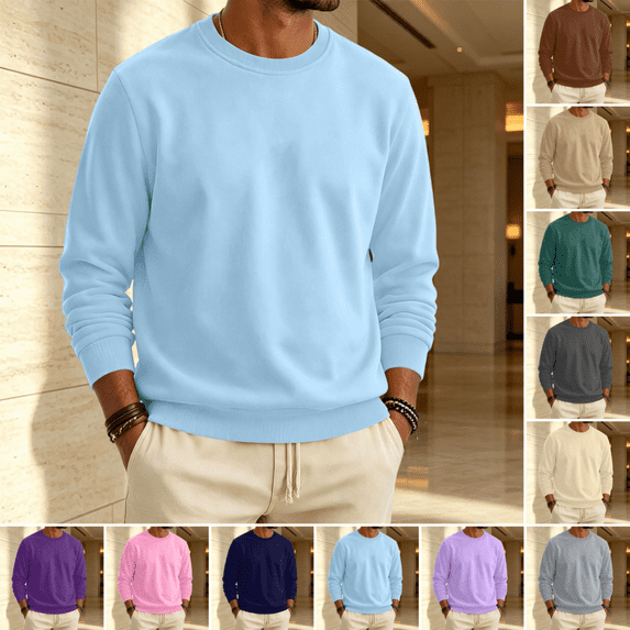 Mens Fleece Crewneck Sweatshirt Fashion Soft Long Sleeves Solid Color Sweatshirt Fall Winter Thermal Comfy Casual Sweatshirt Light Blue S