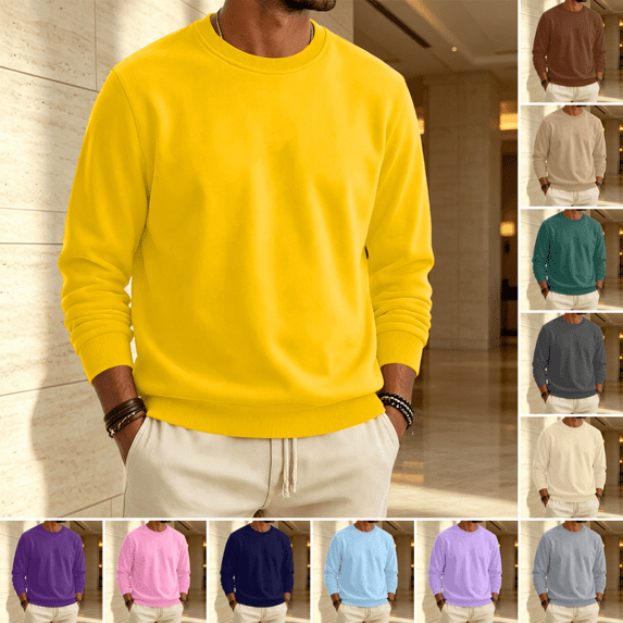 Mens Fleece Crewneck Sweatshirt Stylish Soft Long Sleeves Pure Color Pullover Fall Winter Warm Comfy Casual Pullover Yellow XL