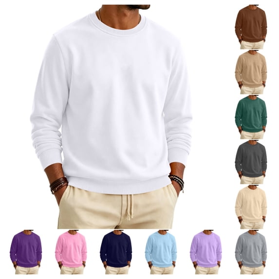Mens Fleece Crewneck Sweatshirt Trendy Casual Long Sleeve Pullover Fall Winter Warm Comfy Solid Color Sweatshirt White 2XL
